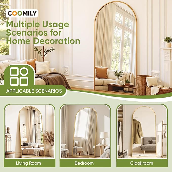 Full-Length Floor Mirror with Stand, 76"x34" Arched Style Full Body Standing Mirror for Bedroom, Living Room, Gym, Dorm - Shatter-Resistant & Easy Assembly, Gold-DeskLoop Office