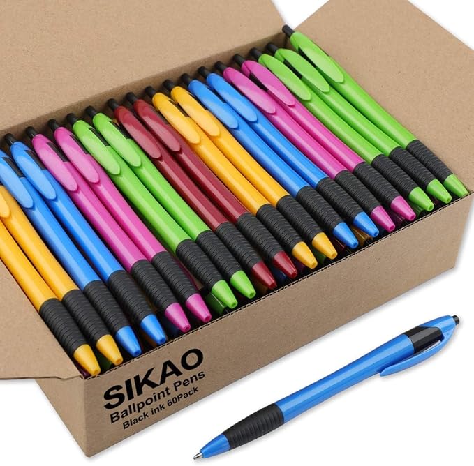 Pens Bulk, 60 Pack Gripped Slimster Ballpoint Pens Black Ink | 1.0mm Smooth by Sikao