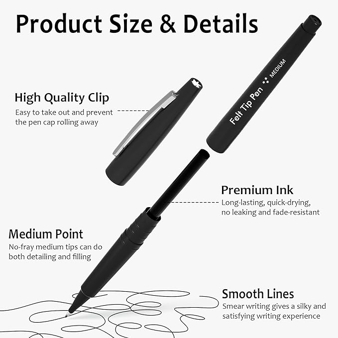 Lelix Felt Tip Pens, 30 Black Pack, 0.7mm Medium Point, Felt Tip Markers Pens for Journaling, Writing, Note Taking, Planner, Perfect for School Office and Art Supplies-DeskLoop Office