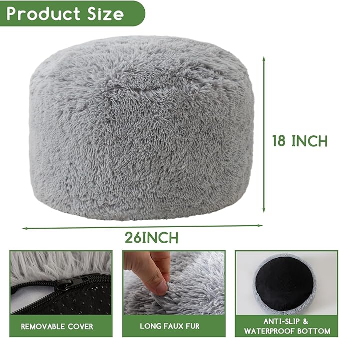 HIGOGOGO Round Stuffed Pouf Ottoman, Long Faux Fur Poufs with Foam Chunk Filling, Fluffy and Furry Pouf Foot Stool Storage Ottoman, 26 X 18 Floor Poufs Foot Rest for Living Room, Light Grey-DeskLoop Office