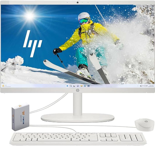 HP 2025 New 22 Inch All-in-One Desktop Computer • 8GB RAM • 128GB PCIe SSD • Intel CPU • Ultra-Quiet Design • Microsoft Office Trial • Wi-Fi 6 • White KB & Mouse • WOWPC Recovery USB • Windows 11-DeskLoop Office