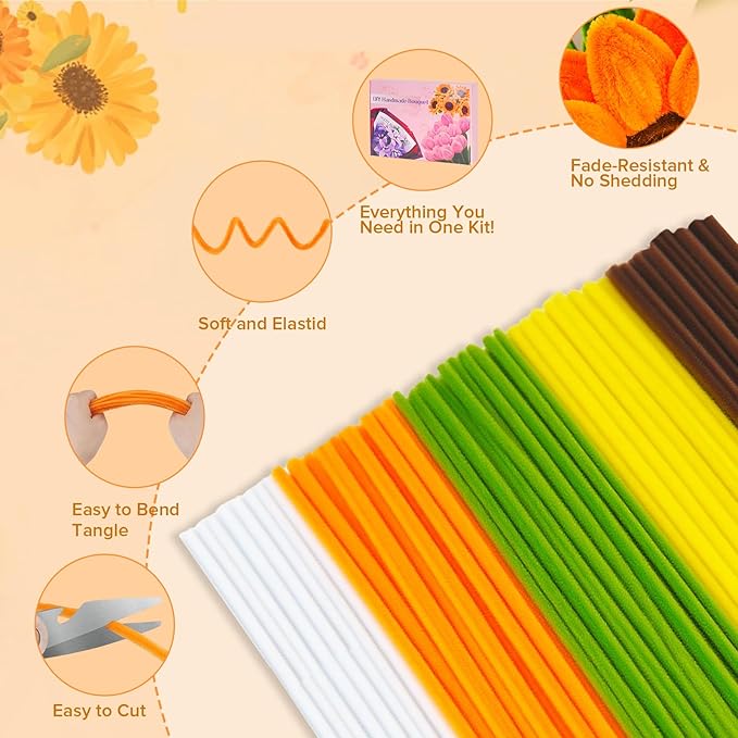 500 PCS Pipe Cleaners Craft Kit for Flower Making Sunflower DIY Material Bundle with 20 Stems, 100 Stamens, Ribbon, Tulle, Glue Sticks & Step-by-Step Guide Vibrant Colors, Non Shedding, FadeResistant-DeskLoop Office