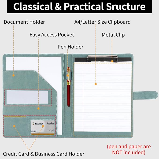Professional Padfolio with Clipboard, Faux Leather Portfolio Folder Binder - Image 3