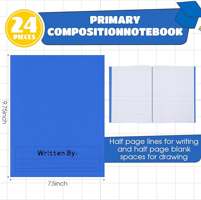 Henoyso 24 Pcs Primary Composition Notebook K-2 9 3/4 x 7 1/2 Inch Primary Journal, Back to School Supplies, Bulk Blank Writing Book for Kid to Write Draw Journal 60 Page Notebooks (Blue)-DeskLoop Office