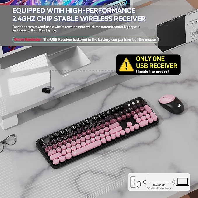 Wireless Keyboard and Mouse Combo, 2.4 GHz Wireless Full-Sized Typewriter Keyboard with Round Keycaps for Windows, Computer, Desktop, PC, Laptop (Pink)-DeskLoop Office