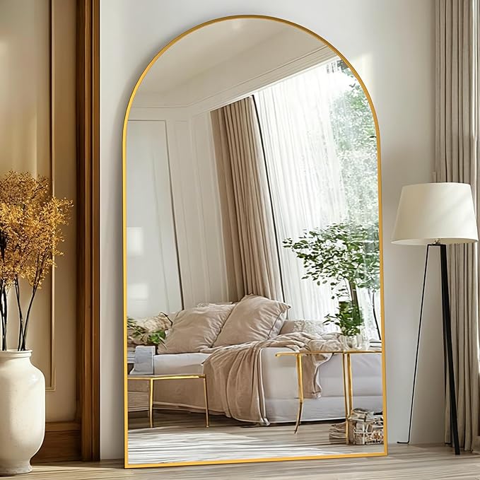 Full Length Mirror, 91"x46" Oversized Floor Mirror Freestanding, Full Body Mirror Floor Standing Mirrors with Stand, Hanging Mounted Mirrors for Bedroom Living Room, Gold, Arched Style-DeskLoop Office