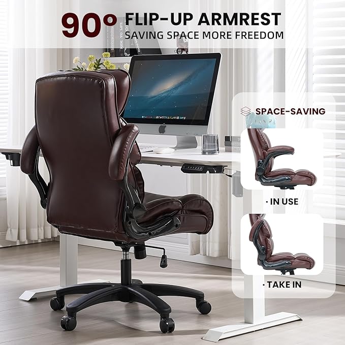 Big and Tall Office Chair 500lbs Wide Seat Executive Office Desk Chair High-Back Office Task Chair with Flip-Up Armrest, Ergonomic Lumbar Support Computer Office Chairs for Heavy People(Brown)-DeskLoop Office