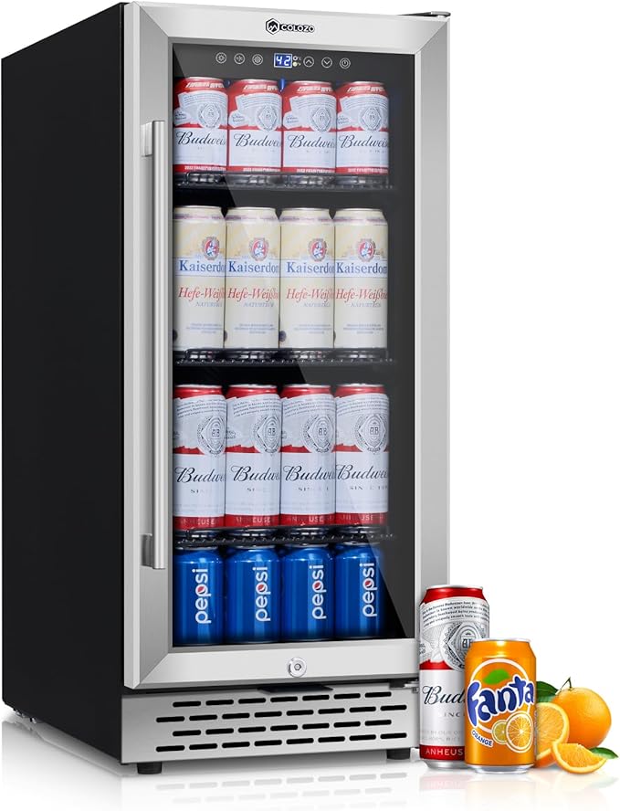 15 Inch Beverage Refrigerator Under Counter, 130 Cans Beverage Fridge with Tempered Glass Door & Lock, 37-65°F Beverage Cooler For Home/Bar, Built-in/Freestanding Mini Drink Cooler(3.53 cu.ft)-DeskLoop Office