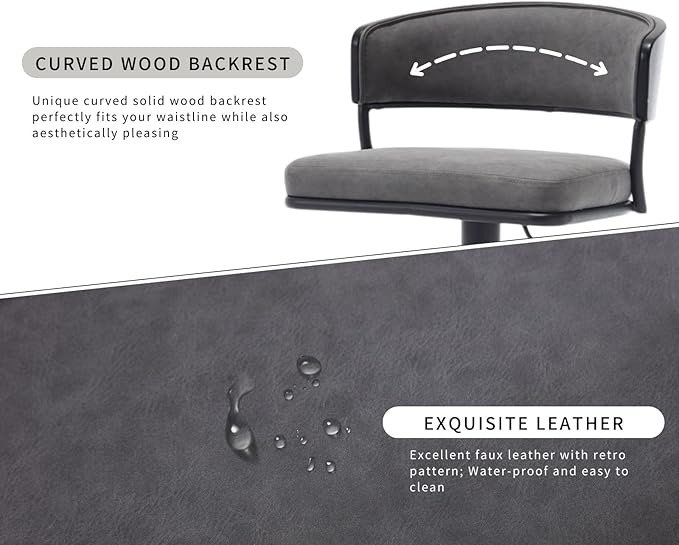 Adjustable Modern Bar Stools Set of 2 Faux Leather Barstools Swivel Counter Height Bar stools with Curved Back/Black Metal Base Comfy Upholstered Bar Chairs for Kitchen Island, Grey-DeskLoop Office