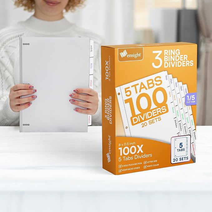 Ensight 3 Ring Page Dividers Bulk, 1/5 Cut Tab Dividers, 100 Per Box - Image 8