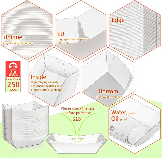 50 Pack 2Lb Paper Food Boat Trays Disposable Paper Boat Plate Containers - Image 3