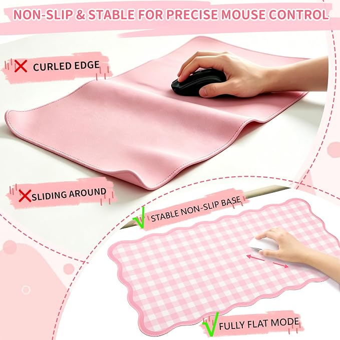 Scalloped Gingham Pink Desk Mat, Large Cute Desk Pad - Image 4