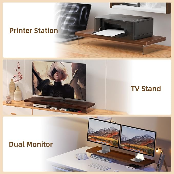 SSWOOD Dual Monitor Stand Riser, Wooden Desktop Organizer Shelf - Image 6