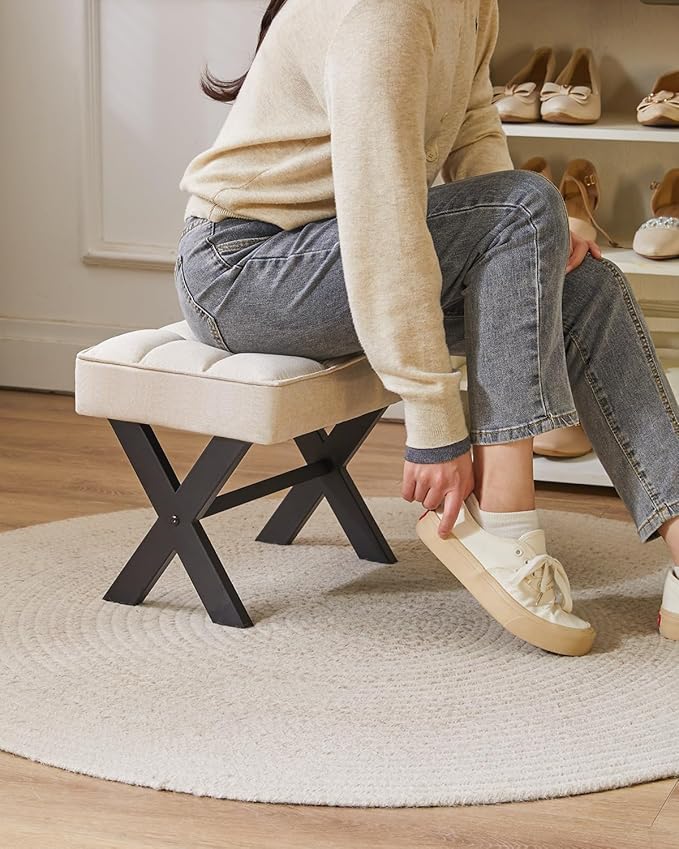 IBUYKE Small 12" H Footrest Stool, Square Linen Foot Stool with Metal X-Leg, Multi-Use as Small Side Table, Step Stool for Living Room, Bedroom, Entryway, Office, Linen WBD011Y-DeskLoop Office
