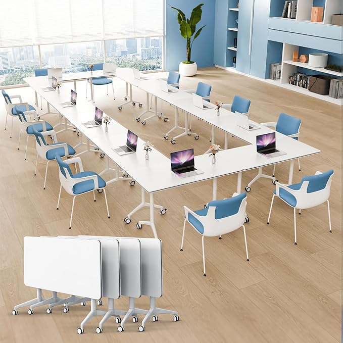 4Pack Folding Conference Room Table, Modern Conference Tables with Silent Wheels, Large Rectangular Mobile Training Tables for Office Classroom, Foldable Modular Seminar Table White (L70.9in)-DeskLoop Office