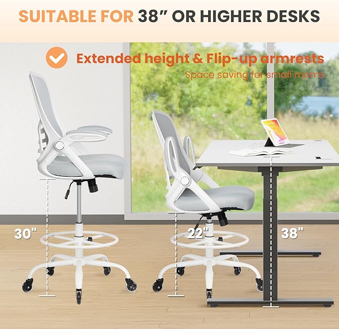 HYLONE Drafting Chair Tall Office, Ergonomic Standing Desk Stool Adjustable Drafting Chair Big Tall Drafting Office Chair White-DeskLoop Office
