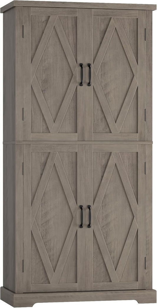 HOSTACK 64" Tall Pantry Cabinet, Modern Farmhouse Kitchen Pantry, Wood Bathroom Storage Cabinet, Large Bookcase, 4 Doors|Adjustable Shelves, for Dining Room, Living Room, Home Office, Ash Grey-DeskLoop Office
