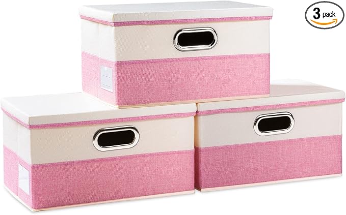 PRANDOM Collapsible Storage Bin with Lid [3-Pack] Fabric Foldable Storage Box Organizer Container Basket Cube with Cover for Home Bedroom Closet Office Nursery Pink&Cream(14.9x9.8x9.8)-DeskLoop Office