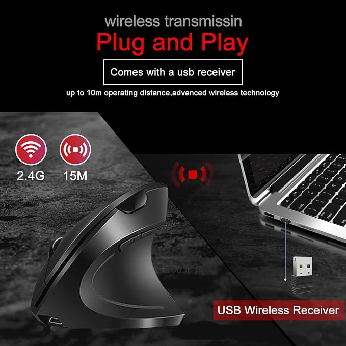 Vassink Ergonomic Mouse, Rechargeable Wireless Mouse, 2.4GHz Rechargeable Wireless Vertical Optical Mice with USB Receiver, 6 Buttons for Laptop, PC, Computer Black-DeskLoop Office