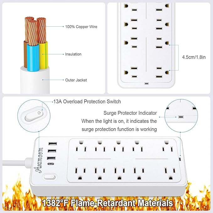 20FT Power Strips with Surge Protection 1625W/13A, 10 Outlets with 4 USB Ports (1 USB C) Long Extension Cord with Multiple Outlets 14-in-1 1700J 16Awg Flat Plug Power Strip Protector White ETL Listed-DeskLoop Office