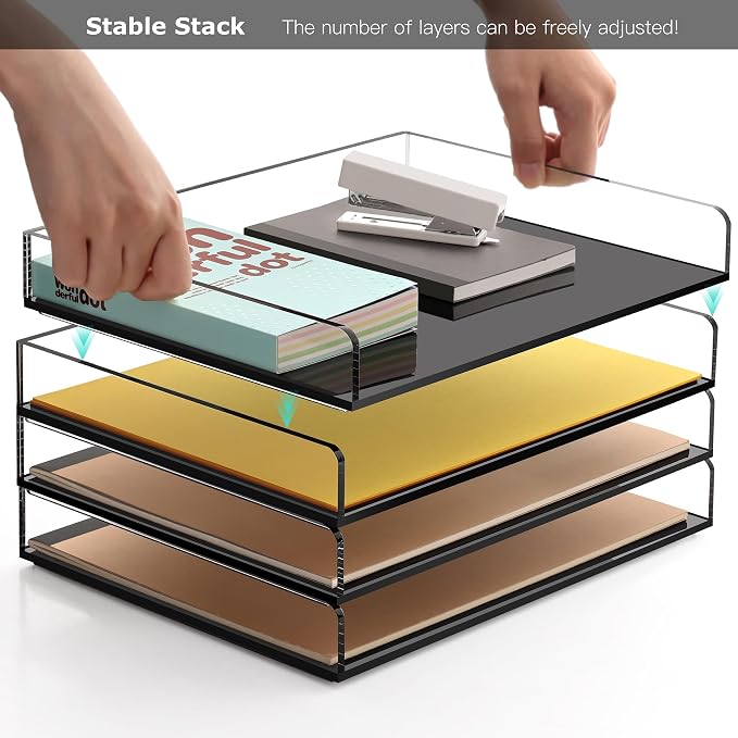 SANRUI 2 Pack- Black Paper Organizer Letter Tray, Acrylic Stackable Desk File - Image 3