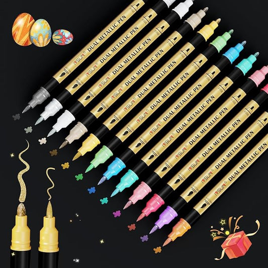 Metallic Marker Pens, 12 Colors Dual Tip Acrylic Paint Pens by IVSUN