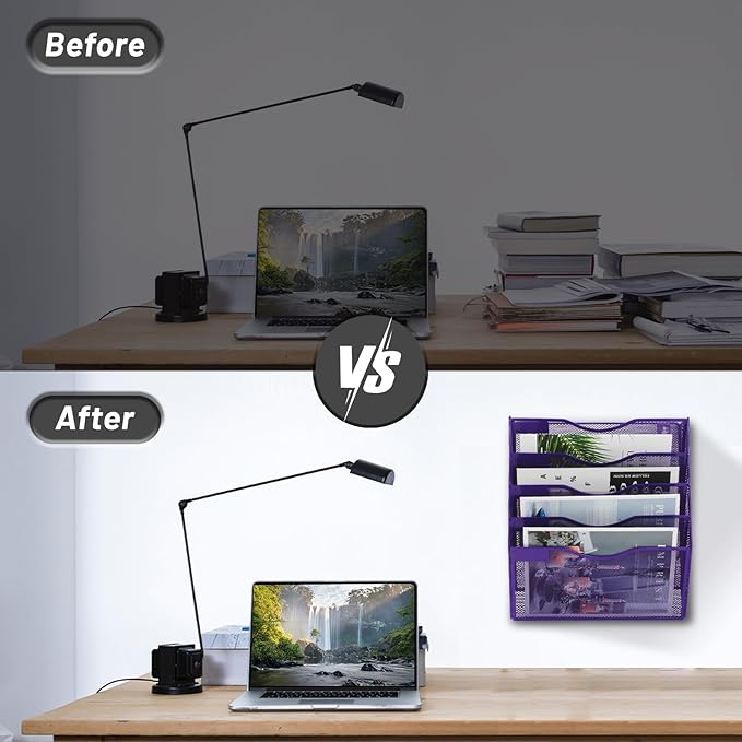 EASEPRES 5 Pocket Mesh Hanging Wall File Organizer, Wall Mounted Mail Paper Document Folder Holder, Clipboard Storage Organization Magazine Rack with Nametag Label for Office Home School, Purple-DeskLoop Office