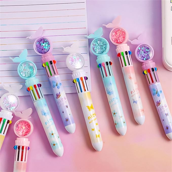 4pcs Set Multi-Color Shuttle Pens 10-In-1 Retractable Ballpoint Pen 0.5mm, Butterfly Design, Home Office School Supplies for Students Kids (4pcs Random Color)-DeskLoop Office