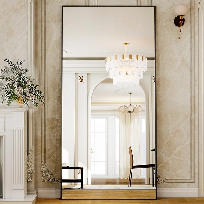 GLSLAND-38 x 77" Rectangular Full Length Mirror - Large Floor Mirrors Aluminum Alloy Frame Full Body Dressing Mirror for Bedroom, Living Room,Black-DeskLoop Office