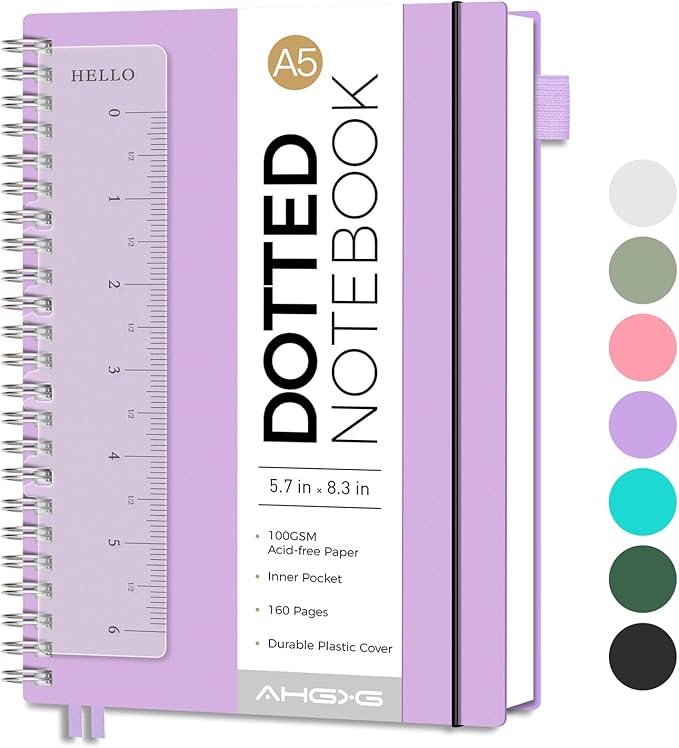 AHGXG Bullet Dotted Journal - Dot Grid Spiral Notebook A5, 160 Pages, 100 GSM Thick Paper, Waterproof Plastic Cover Journals for Bullet Journaling, Sketching, 5.7" x 8.3", Purple-DeskLoop Office