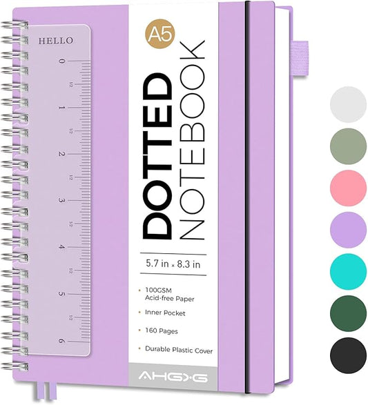 AHGXG Bullet Dotted Journal - Dot Grid Spiral Notebook A5, 160 Pages, 100 GSM Thick Paper, Waterproof Plastic Cover Journals for Bullet Journaling, Sketching, 5.7" x 8.3", Purple-DeskLoop Office