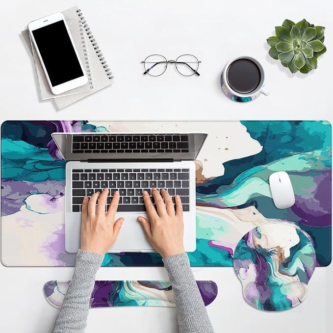 Britimes Teal and Purple Liquid Marbling Keyboard Mouse Pad Set 4in1 Large - Image 2