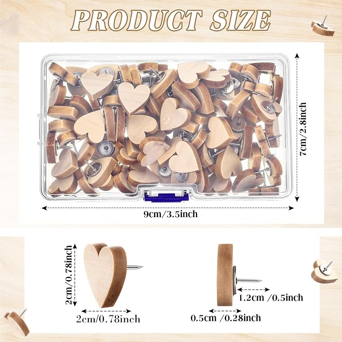 Sawysine 80 Pcs Wood Push Pins, Hearts Cute Thumb Tacks Decorative Push Pins - Image 2
