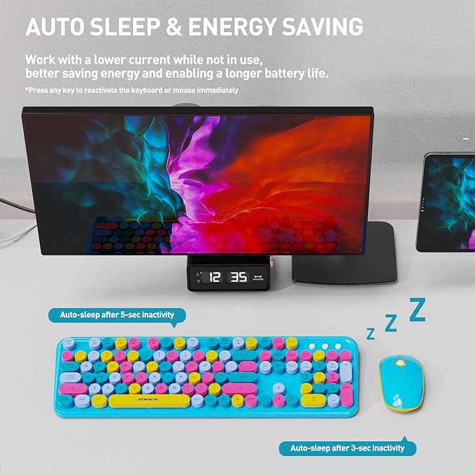 Keyboard and Mouse Wireless,Cute Retro Wireless Keyboard Mouse Combo with Round Key,2.4Ghz Dropout-Free Connection,Typewriter Wireless Keyboard Mouse Set for PC Laptop Desktop Computer-Blue Colorful-DeskLoop Office