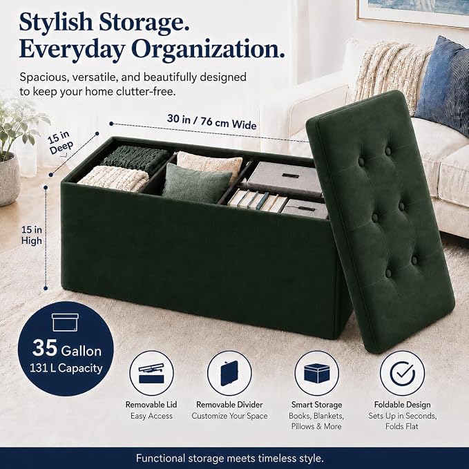 ALASDO 30 Inch Folding Storage Ottoman Bench - Image 5