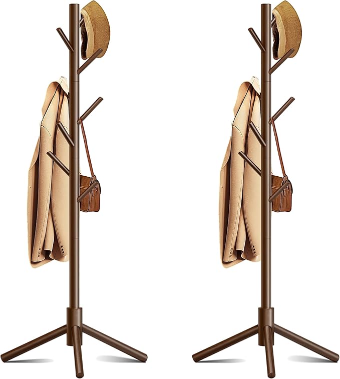 Wooden Coat Rack, Free Standing Coat Rack with 8 Hooks 3 Adjustable Heights for Clothes, Hats, Handbags, Coat Tree Easy Assembly for Entryway, Bedroom, Hallway, Office(2PCS)-DeskLoop Office