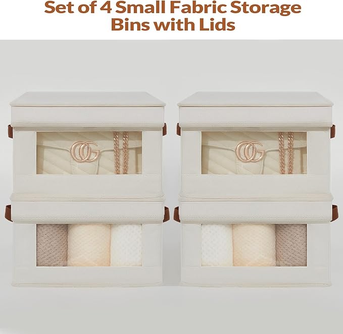 Fabric Storage Bins with Lids, Collapsible Closet Organizer with Sturdy Handles, Clear View Window, Stackable Storage Baskets for Clothes, Towels, Books, Hand Pull Closet Organizer Boxes-4-Pack, Beige-DeskLoop Office