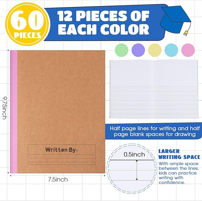 Henoyso 60 Pcs Primary Composition Notebook 9 3/4 x 7 1/2 Inch Kids Journal, Back to School Supplies, K-2 Primary Writing Notebook for Kids Student Draw and Write Story Journal (Colorful Macaron Color)-DeskLoop Office