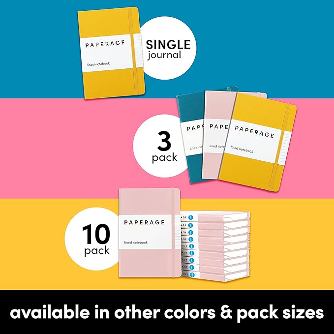PAPERAGE Lined Journal Notebook, 10 Pack, (Bright Rainbow), 160 Pages, Medium 5.6 in x 8 in - 100 GSM Thick Paper – Hardcover Journaling Notebook for Work, School & Note Taking-DeskLoop Office