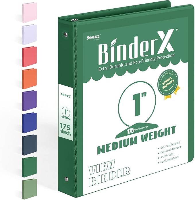 BinderX Extra Durable 3 Ring Binder, Round Rings 1 Inch Binder, Fits 175 Sheets by Sooez