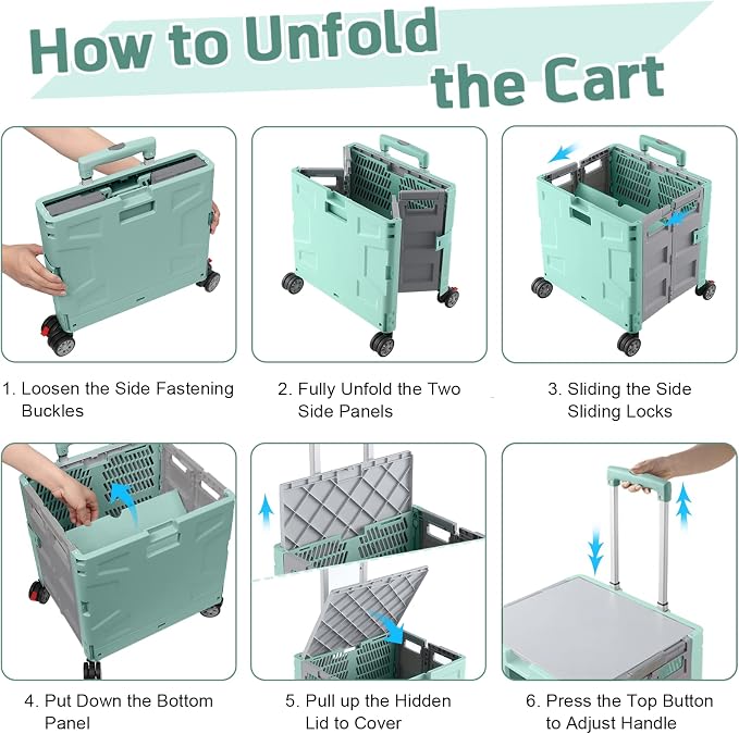 FELICON Folding Utility Cart Rolling Crate Handcart Basket Tote-Green+Gray | - Image 4