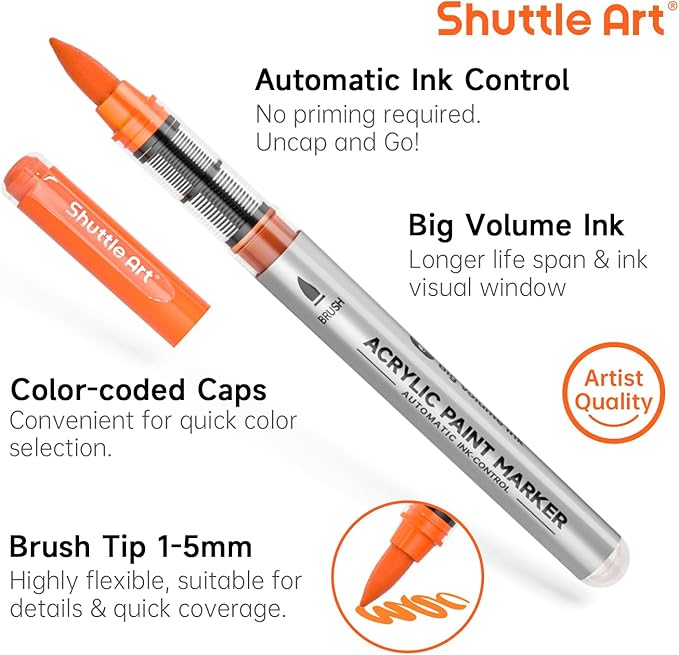 Shuttle Art Automatic Ink Control Acrylic Paint Markers, 48 Colors Brush Tip Acrylic Paint Pens for Rock Painting, Ceramic, Wood, Canvas, Glass, Stone, Fabric, Card Making, DIY & Art Supplies-DeskLoop Office