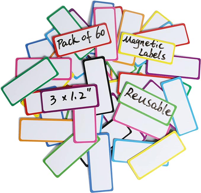 60 Dry Erase Magnetic Labels: 3"x1.2" Blank Name Plates, Name Tags, Strips by ZazzyKid