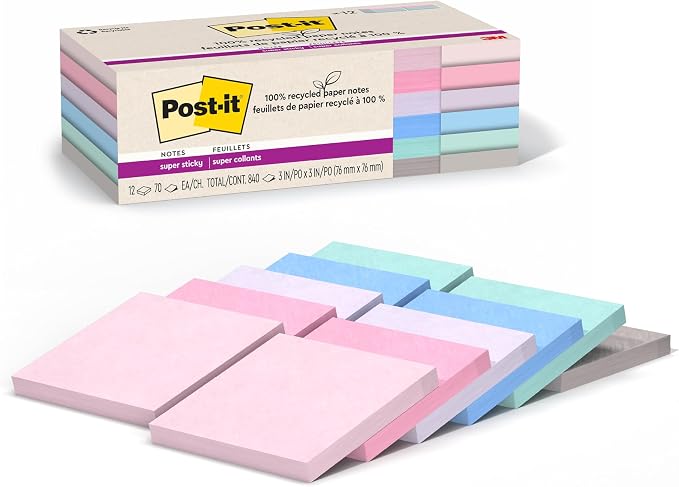 Post-it 100% Recycled Super Sticky Notes, 4 x 4 in, 6 Pads | School Supplies by Unknown