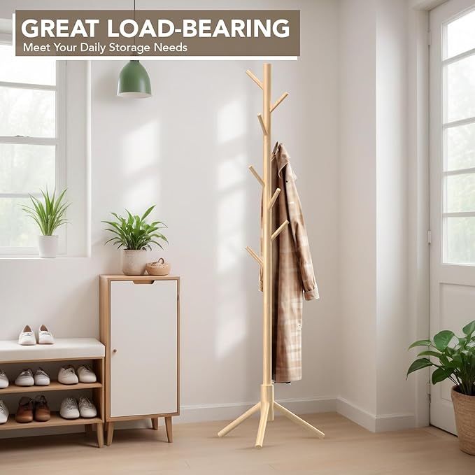 Wooden Tree Coat Rack Stand,Sturdy Freestanding Coat Rack with 8 Hooks,3 Adjustable Height for Child Adult,Wood Coat Stand Tree Fits Entryway Bedroom Office for Bags,Hats-DeskLoop Office