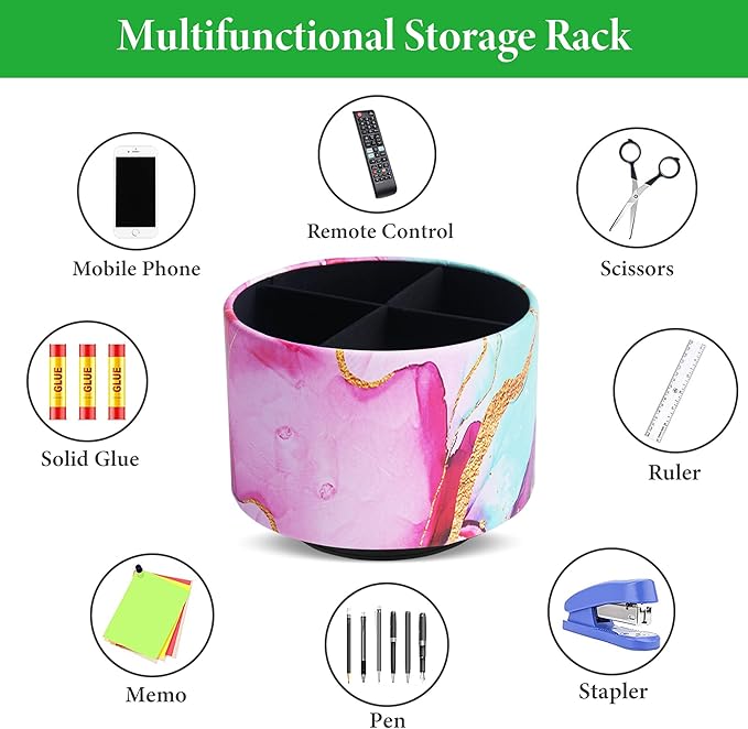 Round Leather Art Supply Organizer,Remote Control Holder,360-degree Rotating Pen Organizer with 4 Compartments(1-Red Green Splash Ink)-DeskLoop Office