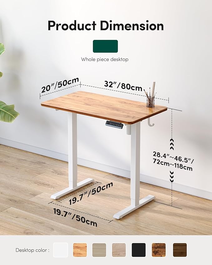 FEZIBO One-Piece Standing Desk Adjustable Height Stand up Home Office Desk, 32x24 Inch Electric Standing Computer Desk, with 4 Memory Presets, Fixable casters, Light Rustic-DeskLoop Office