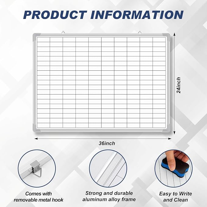Lined Whiteboard Blank Grid Aluminum Frame Dry Erase Board Reusable Wall - Image 2