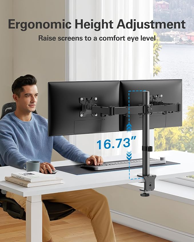 HUANUO Dual Monitor Desk Mount, Heavy-Duty Steel Adjustable Arm for 13-32 Inch Screens, Tilt, Swivel, Rotate, C-Clamp & Grommet Base, Holds up to 17.6 lbs per Arm, VESA 75/100mm-DeskLoop Office
