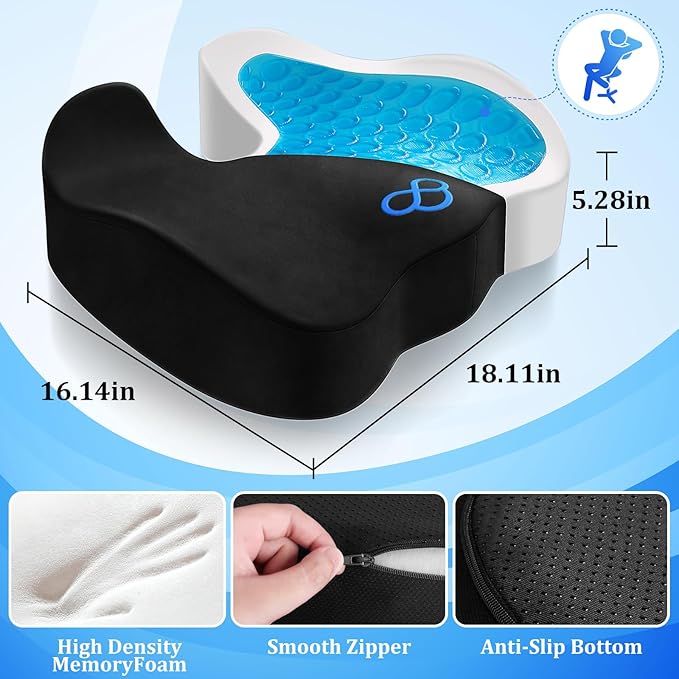 Seat Cushion, Gel Chair Cushions, Office Chair Cushions, Anti-Slip Bottom & Removable Cover Tailbone Pain Relief Cushion, Memory Foam Seat Cushion, 5.28 in Thick (Black)-DeskLoop Office